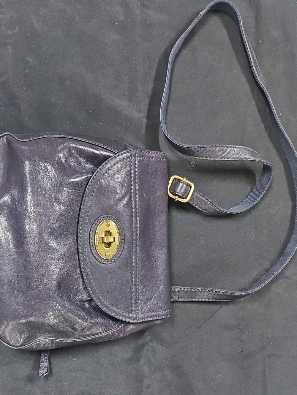 Fossil Navy Leather Crossbody with Brass Turn-Lock
